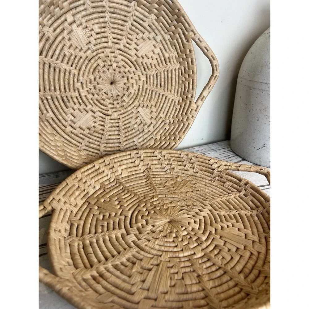 Vintage Woven Wicker Nesting Baskets Sunburst Pattern W/ Handles 14” x 11” Boho